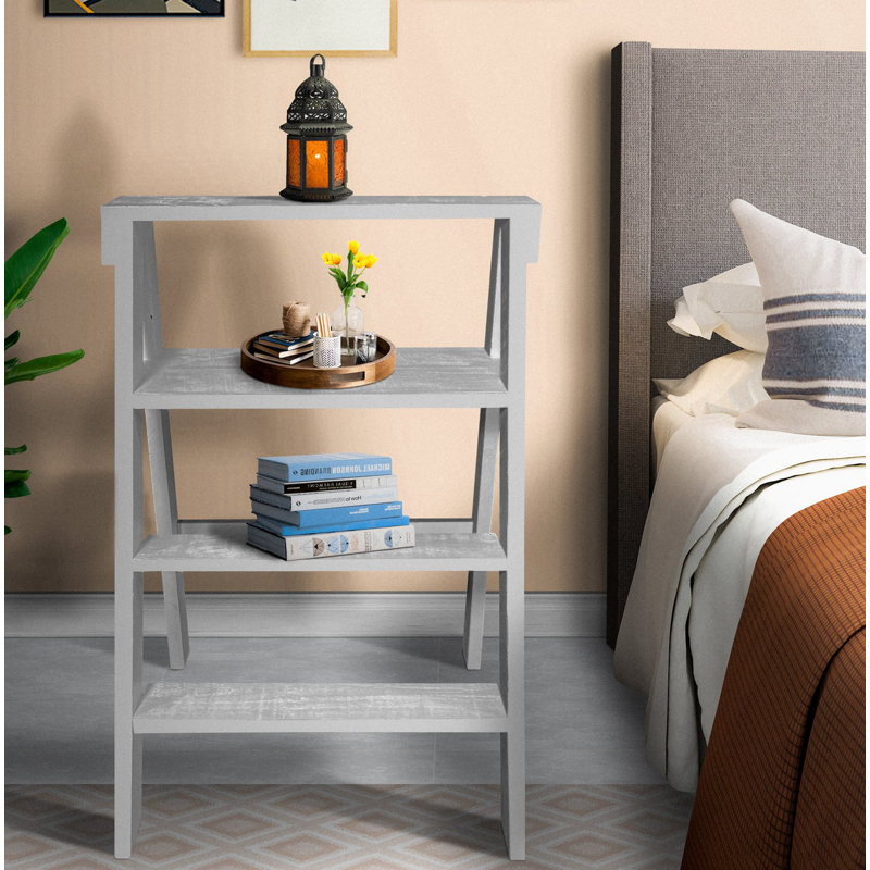 Gracie Oaks 27 Inch Wooden Ladder Bookshelf 4 Tier Open Shelving Weathered White Wayfair